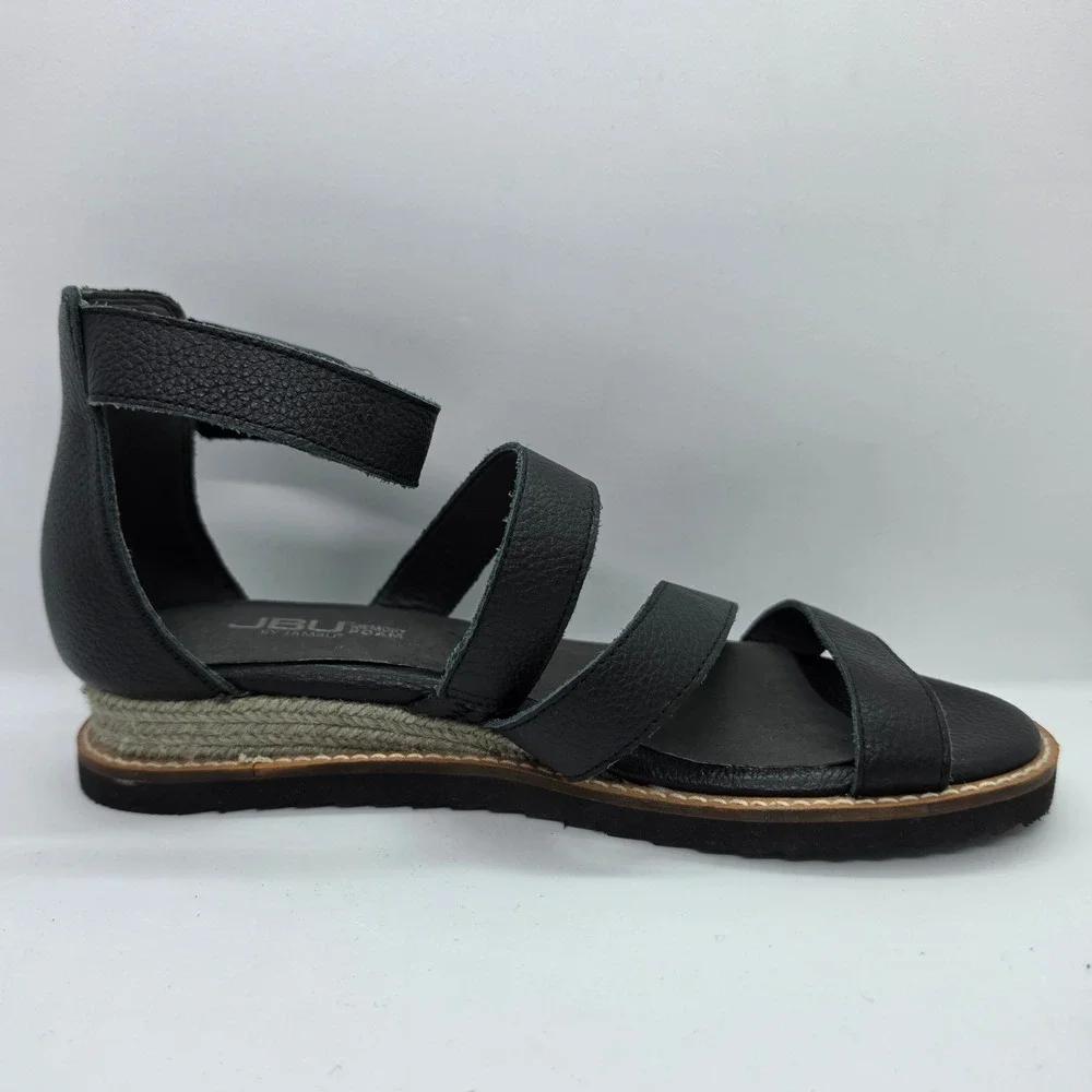 JBU by Jambu Riviera Black Leather Strappy Wedge Sandals JB17RIV01 Womens‎ 6M